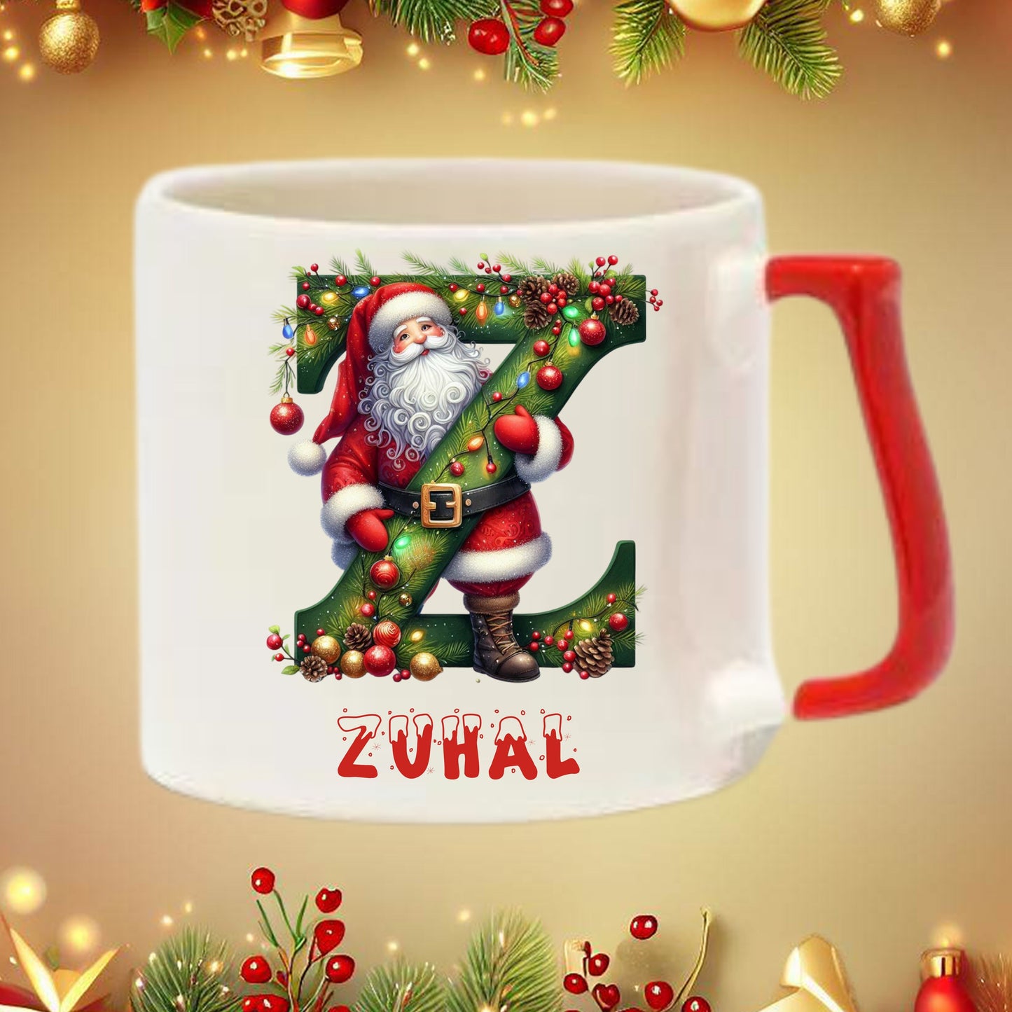 Yılbaşı Noel Baba Tasarımlı Harf ve İsim Kupa Bardak – Kişiye Özel & Kırmızı Kulplu