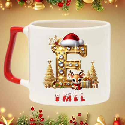 Yılbaşı Altın Sarısı Tasarımlı Harf ve İsim Kupa Bardak – Kişiye Özel & Kırmızı Kulplu - Clicksy