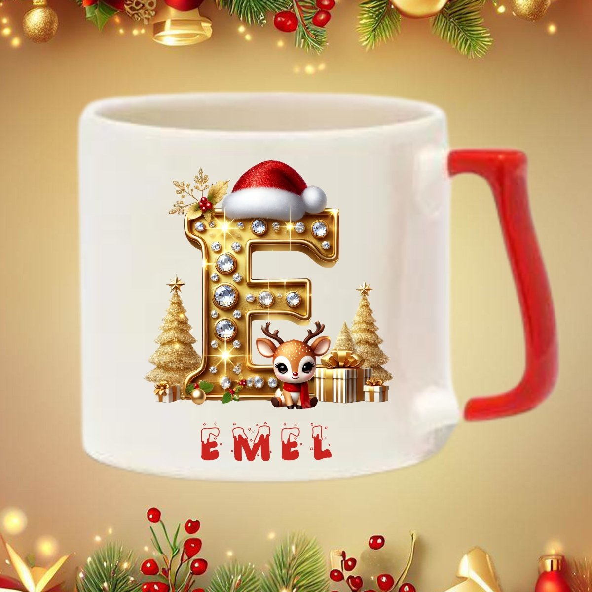 Yılbaşı Altın Sarısı Tasarımlı Harf ve İsim Kupa Bardak – Kişiye Özel & Kırmızı Kulplu - Clicksy