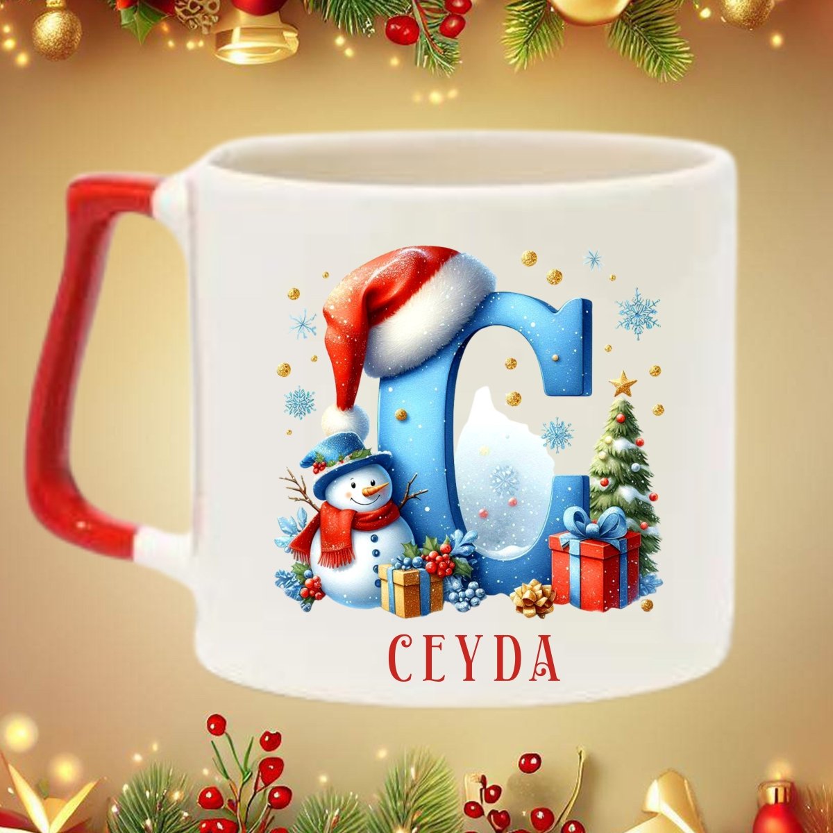 Yılbaşı Kardan Adam Tasarımlı Harf ve İsim Kupa Bardak – Kişiye Özel & Kırmızı Kulplu - Clicksy