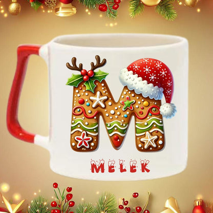 Yılbaşı Kurabiye Tasarımlı Harf ve İsim Kupa Bardak – Kişiye Özel & Kırmızı Kulplu - Clicksy