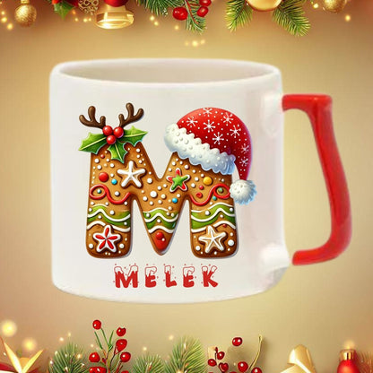 Yılbaşı Kurabiye Tasarımlı Harf ve İsim Kupa Bardak – Kişiye Özel & Kırmızı Kulplu - Clicksy