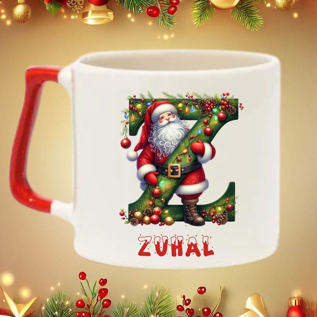 Yılbaşı Noel Baba Tasarımlı Harf ve İsim Kupa Bardak – Kişiye Özel & Kırmızı Kulplu - Clicksy