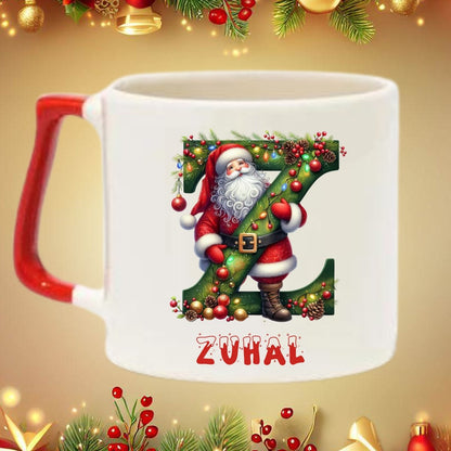 Yılbaşı Noel Baba Tasarımlı Harf ve İsim Kupa Bardak – Kişiye Özel & Kırmızı Kulplu - Clicksy